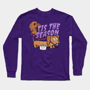 Funny and cute Doxie Dachshund Dog being brave for Tis the Season halloween while trick or treating Long Sleeve T-Shirt